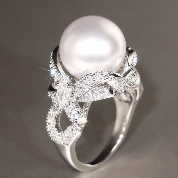 Huitan Romantic Bridal Wedding Rings Simulated Pearl Sparkling Knot Design Cubic Zircon Rings New Temperament Jewelry for Women