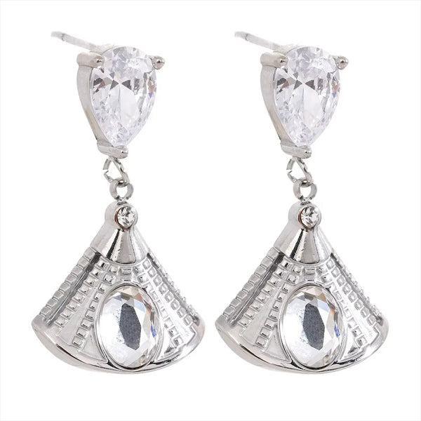 2025 Stainless Steel Bling Zircon Triangle Pendant Earrings Fashion Trendy Tarnish Free Waterproof Jewelry