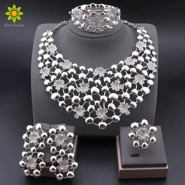 Elegant Jewelry Sets Dubai Silver Plated Jewelry Women Necklace Bracelet Earrings Ring Bride Wedding Party Accessories