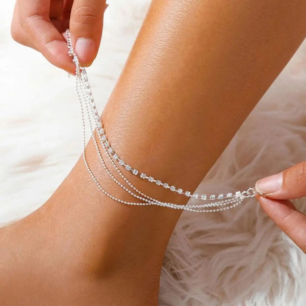 Rhienstone Anklet Alloy Anklet Elegant Multi-layered Rhinestone Women's Anklet with Adjustable Length Polished for Birthdays