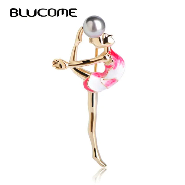 Blucome Fashion Sports Gymnastics Girls Brooch Clothes Accessories Gold-color Metal Enamel Simulated Pearls Brooches Jewelry Pin