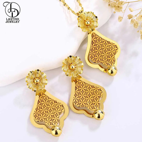As00047 Dubai Jewelry 24K Gold-Plated Unique Laser Pattern Necklace Round Ball Middle Eastern Elegant Ladies Flower Earrings Fashionable Two-Piece Wedding Set