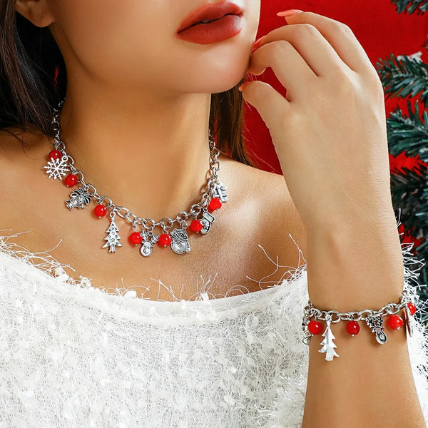 Exquisite Creative Christmas Tree Gift Box Snowman Bell Red Beads Tassel Choker Necklace for Women Christmas Party Jewelry Gifts