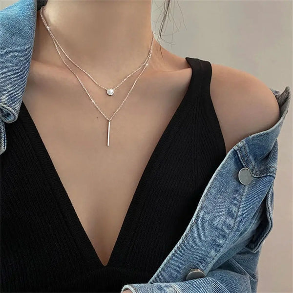 Fine Accessories Rose gold Full Zircon Round Shiny 925 Sterling Silver Double Layer Necklace Long Pendant Clavicle Chain