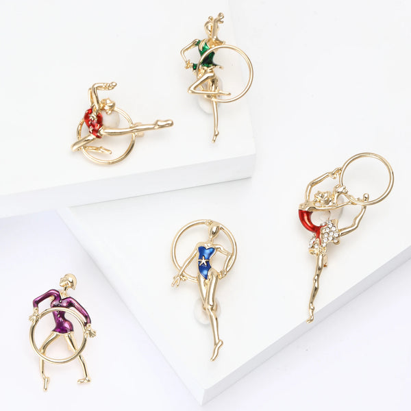 Fashion Enamel Gymnastics Girl Brooches for Women Unisex Rhinestone Character Pins Office Party Friend Gifts Jewelry Accessories