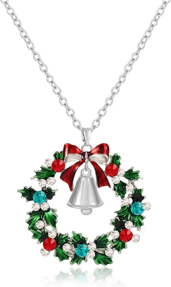 Christmas Necklaces for Women Mom Glitzy Rhinestone Xmas Wreath Bell Pendant Necklace Holiday Jewelry Gift