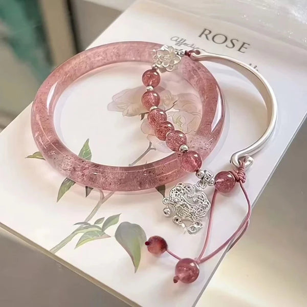 Translucent Resin Bangle for Women Chinese Style Tassel Bells Bracelet Crystal Beads Chain Bracelet Silver Color Alloy Jewelry
