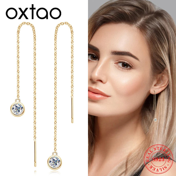 OXTAO 925 Sterling Silver Dangle Tassel Earrings Round Cut  5mm 0.5ct Moissanite Ladies Fashion Jewelry Gift Korean, European