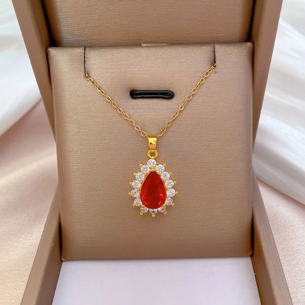 OIMG 316L Stainless Steel 2023 New Fashion Red Crystal Water Drop Necklace for Women Party Jewelry