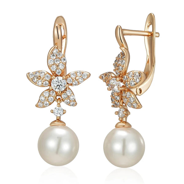 Kinel Luxury Crystal Flower Pearl Long Dangle Earrings Trendy 585 Rose Gold Color With Natural Zircon Daily Fine Women Jewelry