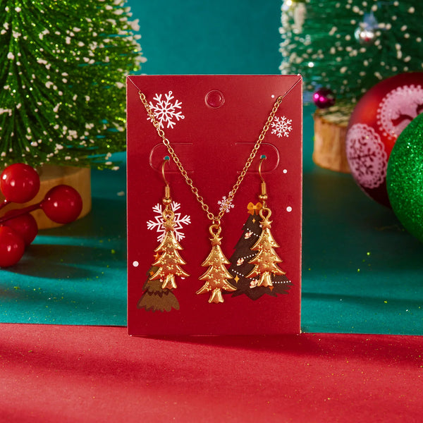 Joyful Christmas Tree Necklace Earring Set for Women Exaggerated Colorful Bell Snowman Bracelet Set Festival Party Jewelry Gift