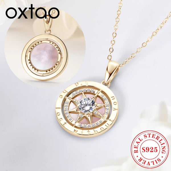 OXTAO Ladies Compass Pendant Necklace 925 Sterling Silver Cubic Zirconia Luxury Jewelry Elegant Accesse Stylish Party Necklaces