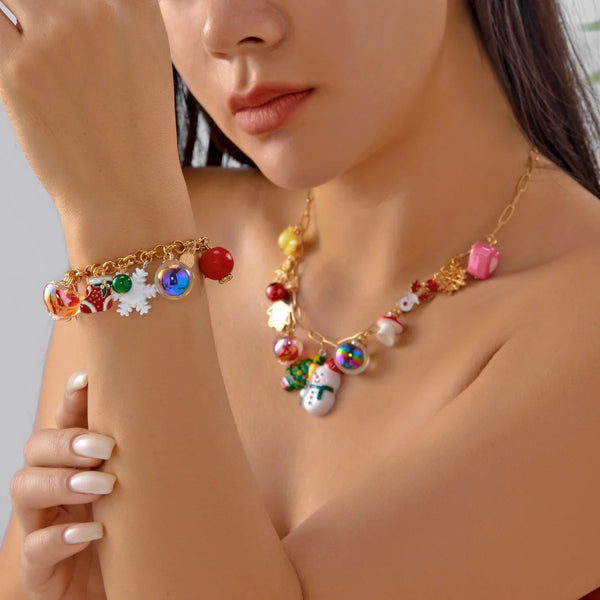 Christmas Holiday Jewelry Set Snowflake Gingerbread Sock Snowman Tree Resin Heart Strawberry Necklace Bracelet Set For Women Men