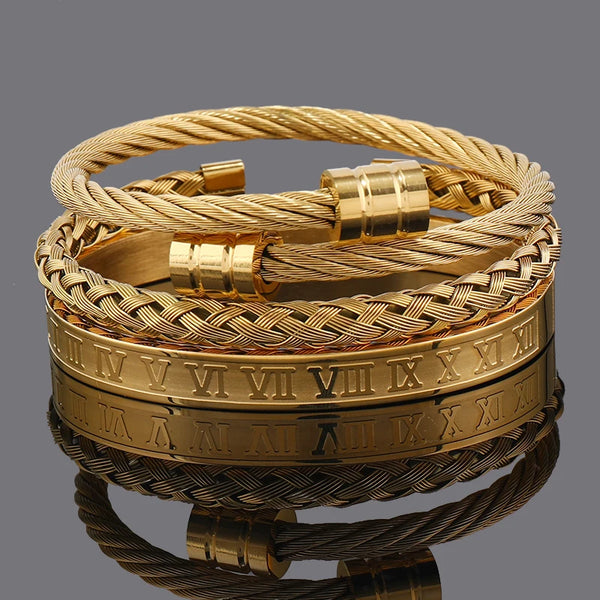 3pcs Luxury Stainless Steel Man Bracelet Set Roman Number Bangles Women Jewelry Couple Gift
