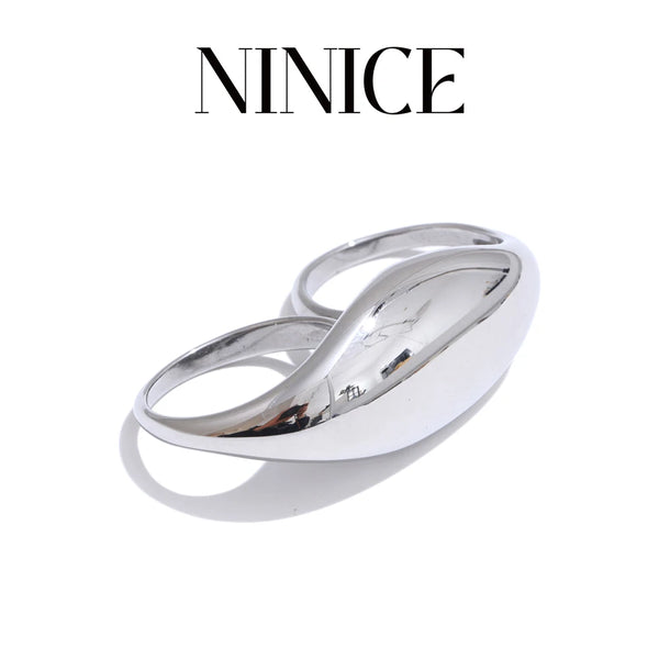 NiNice Personalized Stainless Steel Two Finger Geometric Ring Minimalist Metal Texture Creative Style Jewelry Wholesale