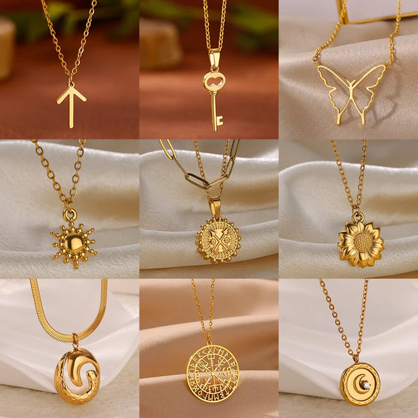 316L Stainless Steel Necklace for Women Vintage Gold Color Geometric Charm Clavicle Necklaces Trendy Aesthetic Jewelry Gift