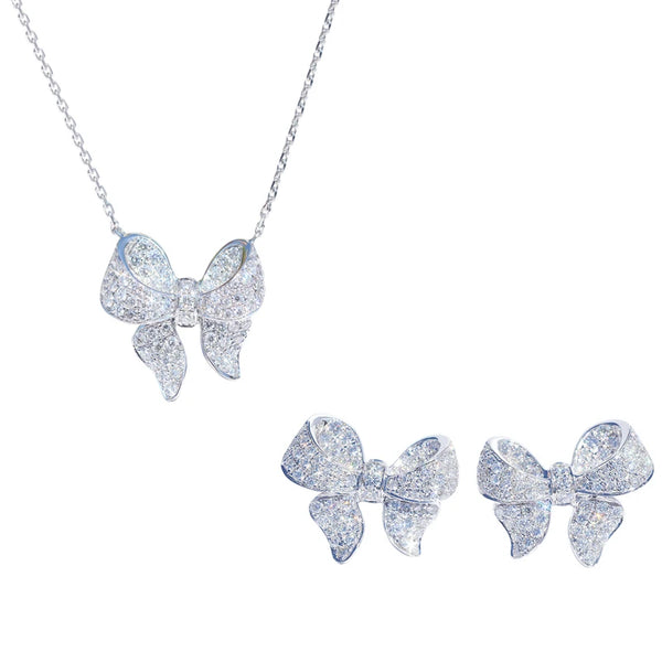 Ins Delicate 925 SIlver Needle Jewelry Set Silver Color Micro Pave Zircon Bowknot Necklace+earrings Fashion Statement Bijoux