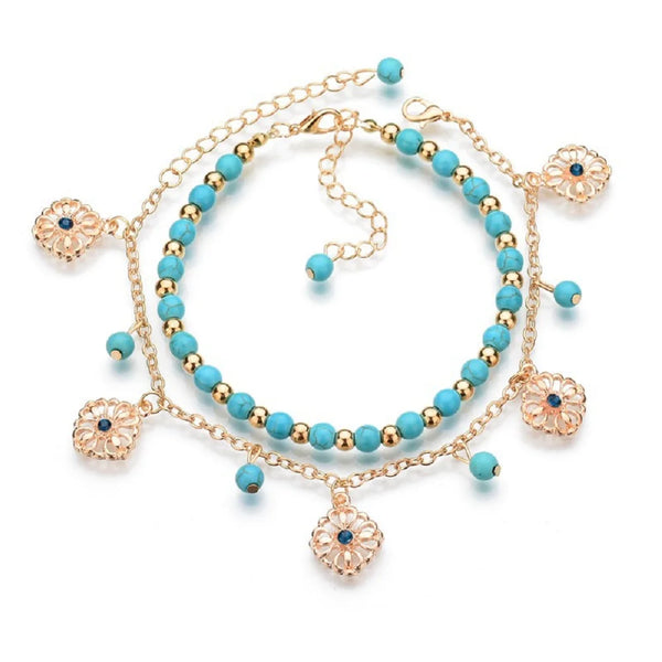 Boho Bohemian Gold Color Anklet Green Turquoise  Bead Anklet Foot Chain for Women Summer Beach Jewelry