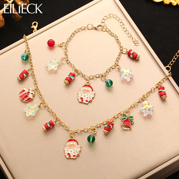 EILIECK Cartoon Creative Christmas Santa Claus Bells Necklace Bracelet Set For Women Fashion Waterproof Jewelry Set Holiday Gift