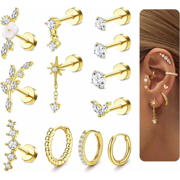 Drperfect 12Pcs Helix Piercing Jewellery Surgical Steel Tragus Earrings Flat Back Earrings Helix Hoop Cartilage Earrings Conch
