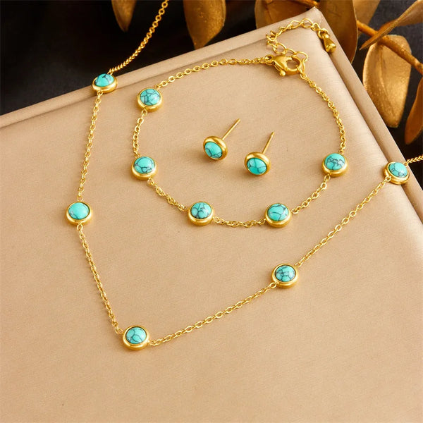 316L Stainless Steel Round Turquoise Necklace Bracelet Earrings Suit For Women New TrendNon-fading Jewelry Set