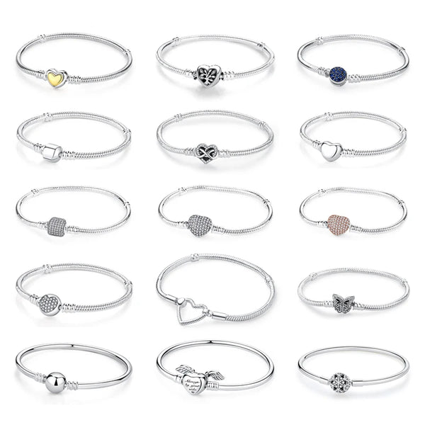 Original 925 Sterling Silver Bracelet For Women Charms Beads Rose Gold Heart Bracelets Bangles Snake Chain Luxury Jewelry Gift