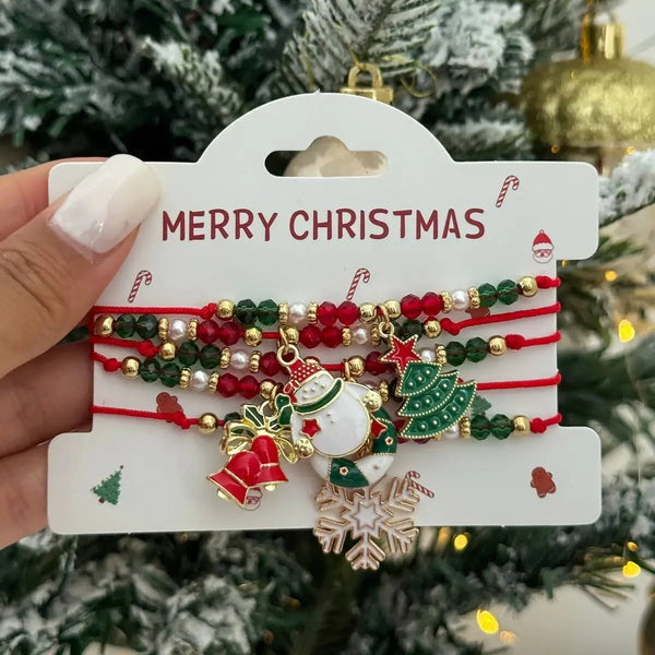 Christmas 5 Pcs/Set Adjustable Jewelry Set for Women with Snowman Snowflake Tree Pendant Cute Trendy Exquisite Rope Bracelets