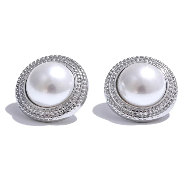 NiNice Fashion Simulated Pearls Round Stud Earrings for Women Platinum Plated Stainless Steel Elegant Exquisite Jewelry Gift