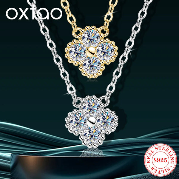 OXTAO Moissanite Necklace Ladies Elegant Four-Leaf Clover Pendant Necklace with Certified 925 Silver Luxury Wedding Jewelry Gift