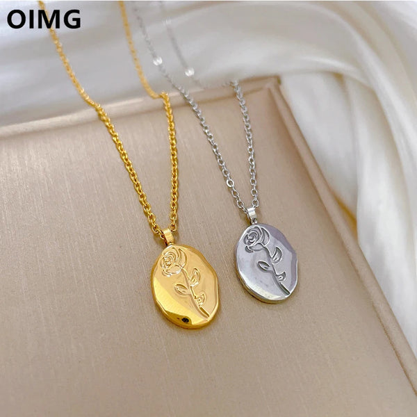 OIMG 316L Stainless Steel Gold Color Itregular Geometric Rose Flower Pendant Necklace For Women Gir Birthday Gifts