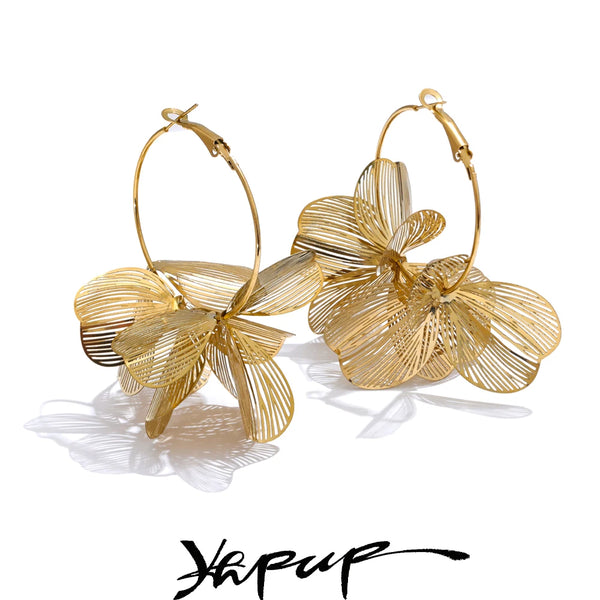 Yhpup Exclusive Design Stainless Steel Metal Flower Big Hoop Earrings Personality Fashion Waterproof Eye-catching Jewelry