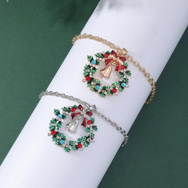 Christmas Crystal Wreath Bell Charm Bracelet For Women Girls Jewelry Xmas Holiday Gifts