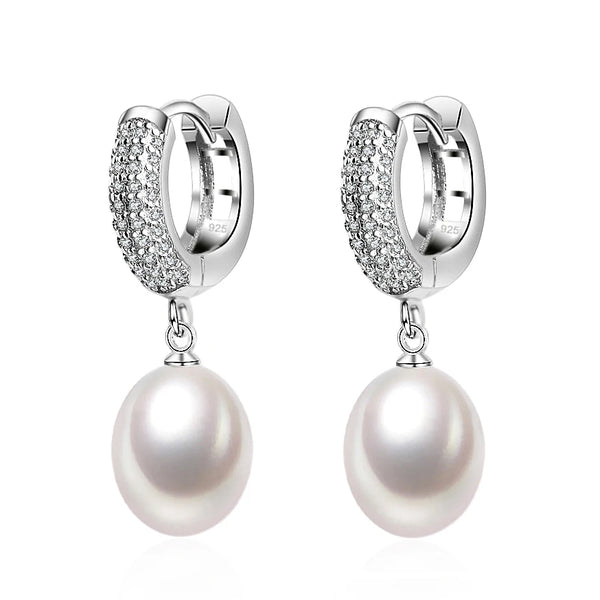 Top quality 925 silver earrings with natural pearls women,precious stone bridal white hanging hoop pearl earrings girl jewelry