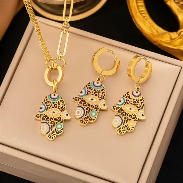 Fashion Jewelry Set  Personalized Eye Palm Pendant Cuban Chain Hollow Out Pendant Bracelet Necklace Eardrop Set  Special