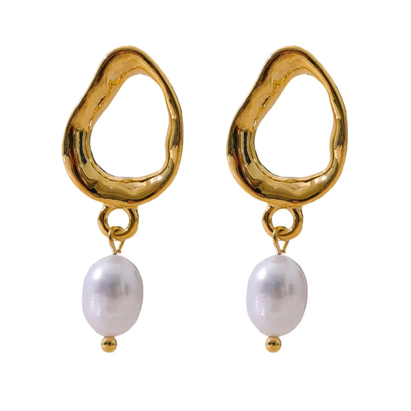 Mchic Trendy Natural Pearl Geometric Hollow Drop Earrings for Women Charm Gold Silver Color Versatile Jewelry Accessories Gift