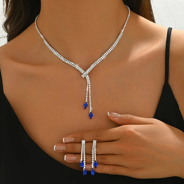 Full Diamond Long Necklace Earrings Jewelry Set Shiny Rhinestone Clavicle Chain Luxury Wedding Banquet Jewelry Accessories Gift