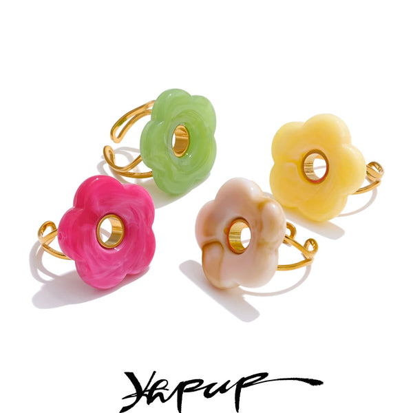 Yhpup Pink Green Yellow Grey Thick Resin Flower Adjustable Ring 18K Golden Plated Stainless Steel Y2K Arrivals Popular Jewelry