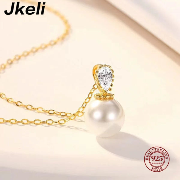 Jkeli S925 Sterling Silver 14K Gold Plated Pearl Shell Bead Necklace for Women Gift Lockbone Chain Pendant Jewelry