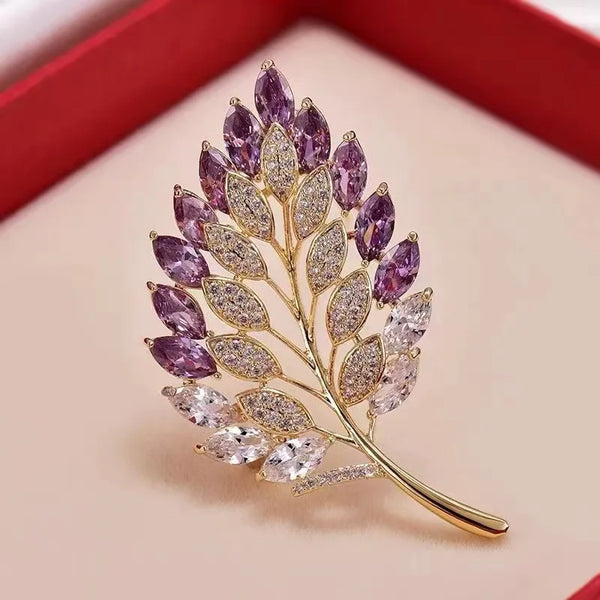 Cute Romantic Colorful Leaf Brooches For Women Purple Crysal Plant Brooch Pin Female Party Birthday Dress Suit Badge Jewelry