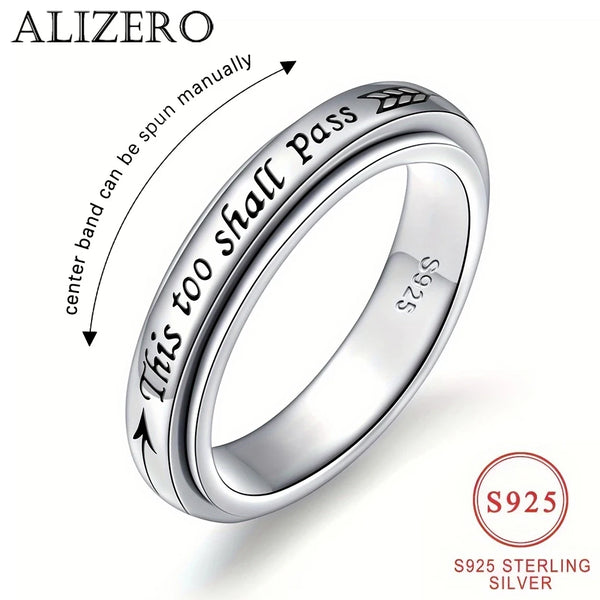 925 Sterling Silver Rotating Ring - "This Too Shall Pass" Quote, Adjustable 6-10 US Size, Bohemian Vintage Style for Women Men