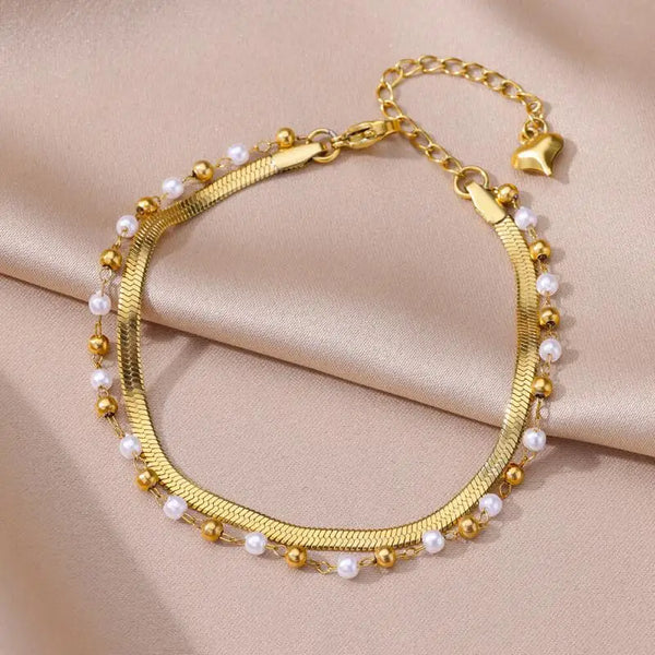 Anklets for Women Artificial Pearl Double Layer Stainless Steel Anklet Summer Beach Accessories Foot Leg Bracelets Jewelry Gifts