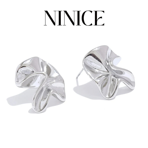 NiNice 316L Stainless Steel Irregular Pleated Metal Flower Stud Earrings Fashion Unique Chic Jewelry Tarnish Free