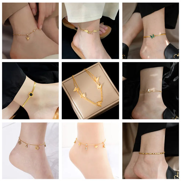 316L Stainless Steel Sweet Gold Color Heart Zircon Frosted Butterfly Anklet Ladies Fashion Trend High Jewelry Beach Accessories
