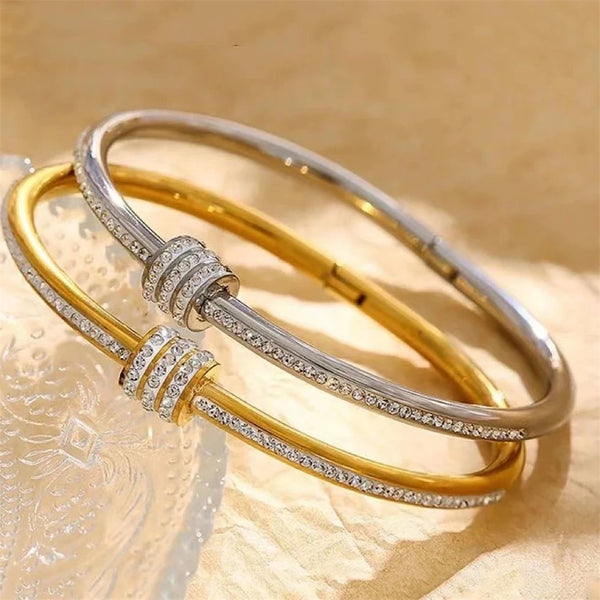 Exquisite Rhinestone Geometric Stainless Steel Bangle Bracelets for Women Gold Plated Charm Bracelet Waterproof Jewelry