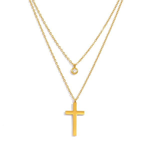 Layered Necklace for Women, Stackable Double pendant with CZ & Cross, Stainless Steel Waterproof Hypoallergenic Trendy Jewelry