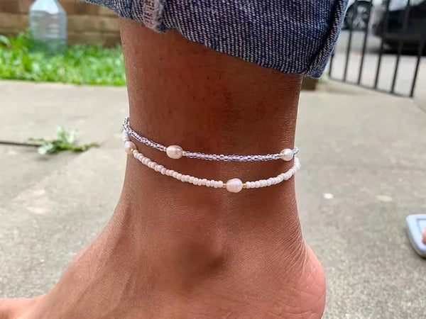 Beaded Anklet with Pearls, Colorful Pearl Anklet, Simple Anklet, Colourful Beach Anklet, Ankle Bracelet, Pearl Ankle Chain