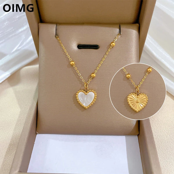 OIMG 316L Stainless Steel Double Sided Love Herart Shell Necklace For Women Girls Temperament Personality Wholesale Jewelry