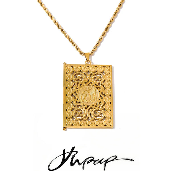 Yhpup 75+5cm Middle East Family Jewelry Stainless Steel Big Pendant Picture Frame Rectangle Necklace 18K PVD Plated Waterproof