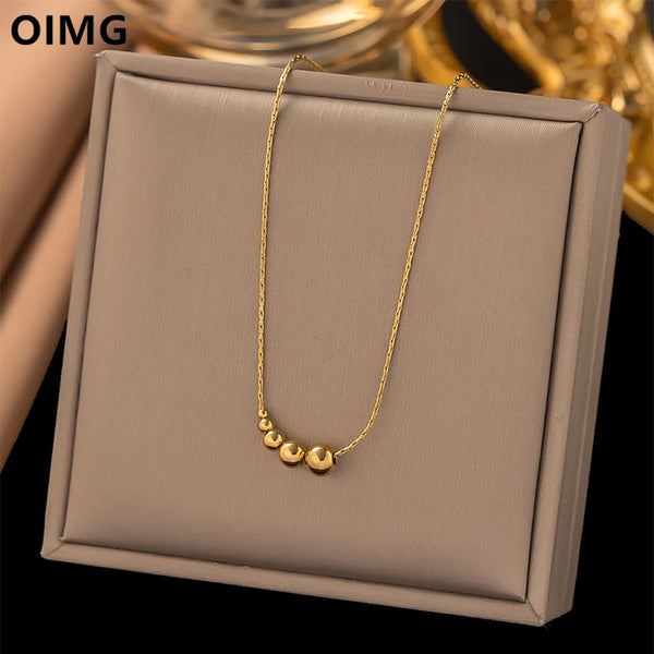 OIMG 316L Stainless Steel Gold Plated Fashion Simple Five Beads Geometric Pendant Necklace For Women Party Jewelry Waterproof