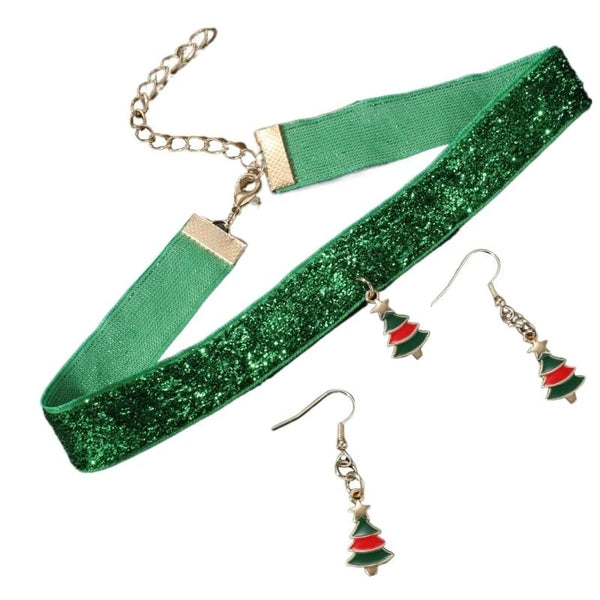 E21F Christmas Jewelry Set Tree Drop Earrings Choker Necklace for Women Teen Girls